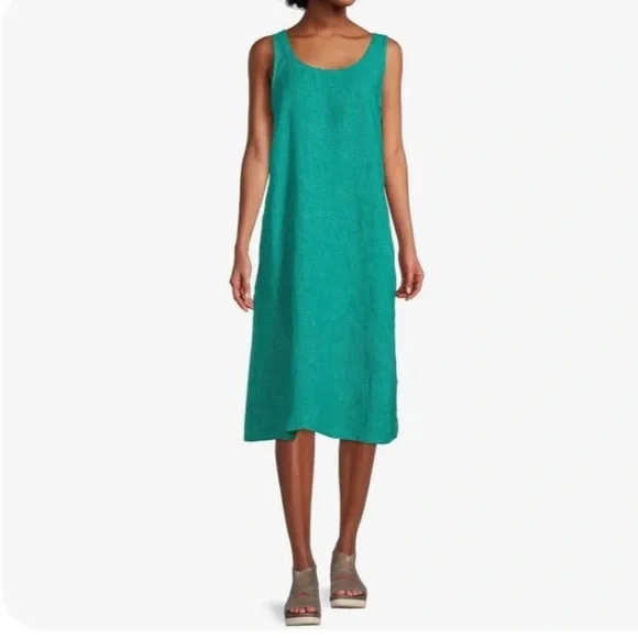 Eileen Fisher Washed Organic Linen Delave Sleeveless Shift Dress, Womens, XS, Deep Aqua Eileen Fisher Washed Organic Linen Delave Sleeveless Shift Dress, Womens, XS, Deep Aqua